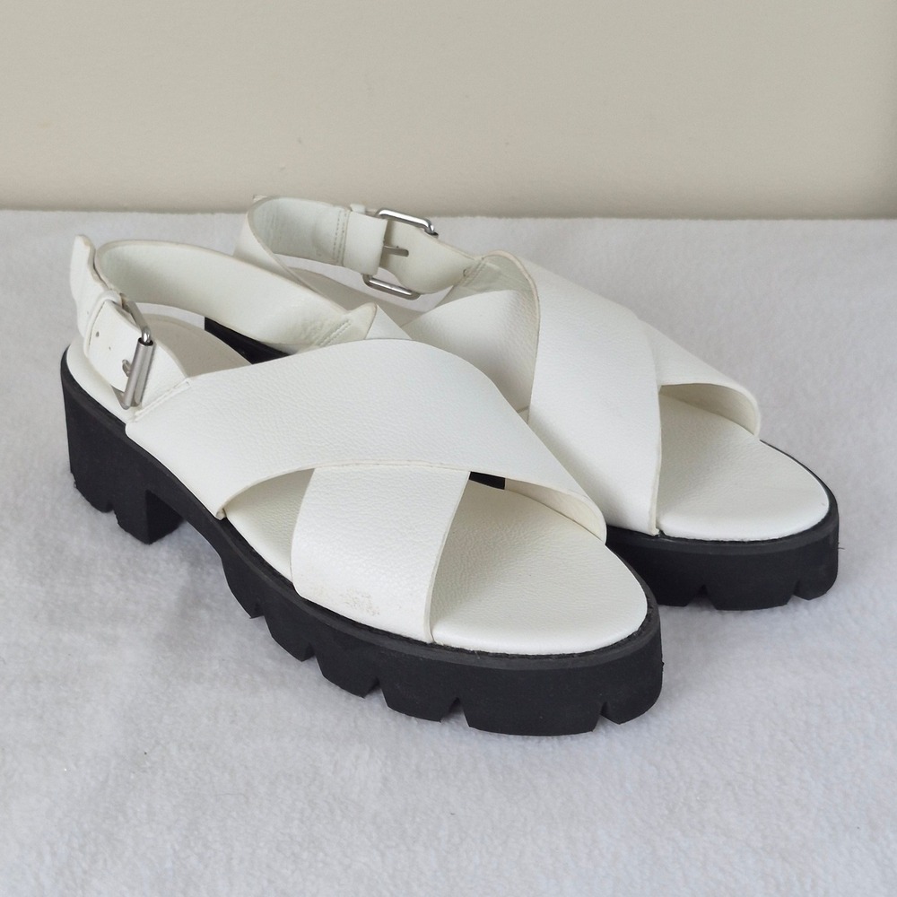 French Connection sz 8 White Leather Platform Slingback Sandals Crisscross Casua